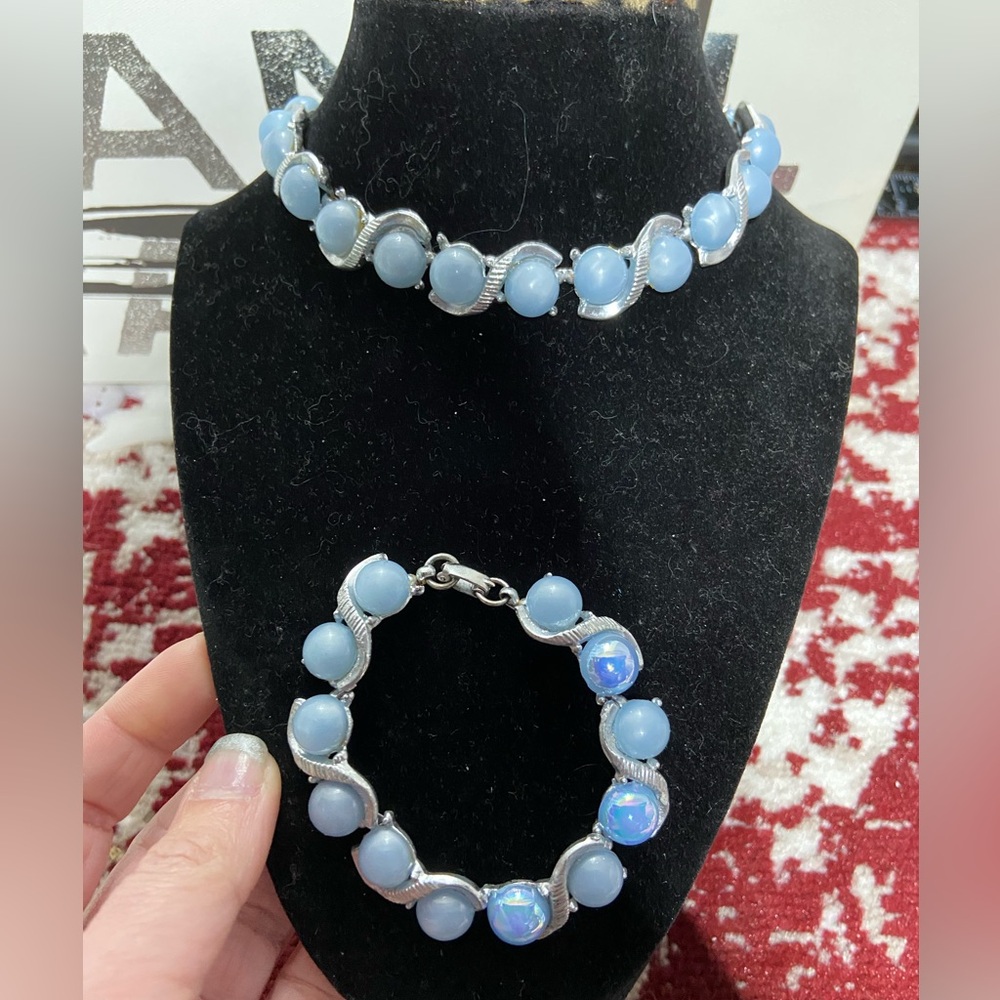 Vintage 50’s-60’s Light Blue Moon Glow Ribbon Link Choker and Bracelet Set